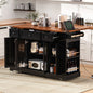 K&K 53'' Farmhouse Kitchen Island with Two Tempered Glass Cabinet Doors, Power Outlet, Rolling Kitchen Cart on Wheels with Drop Leaf, 5 Open Side Racks, 3 Drawers, for Kitchen, Dining Room, Black