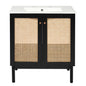 Black Bathroom Vanity with Natural Bamboo and Handmade Rattan Doors, Soft-Closing Mechanism, 30-Inch