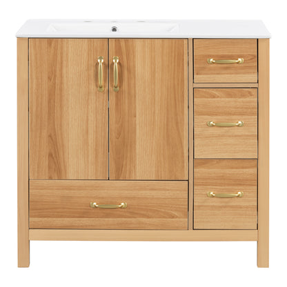36' Acacia Wood Bathroom Vanity with Solid Wood Frame, 2 Soft Close Doors, 4 Soft Close Drawers, Adjustable Shelf, Modern Storage Cabinet