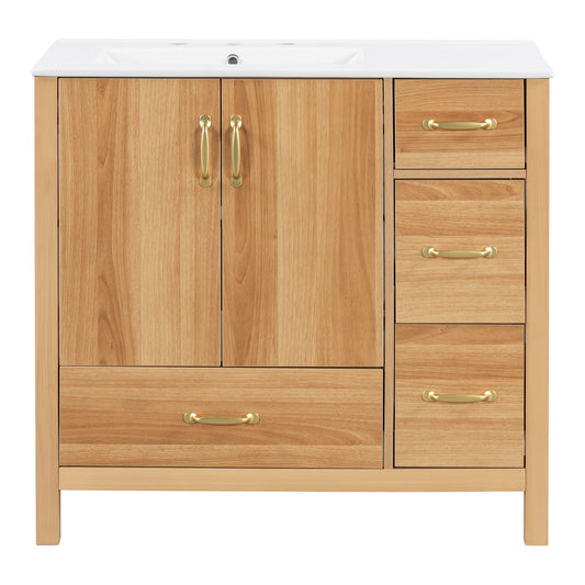 36' Acacia Wood Bathroom Vanity with Solid Wood Frame, 2 Soft Close Doors, 4 Soft Close Drawers, Adjustable Shelf, Modern Storage Cabinet