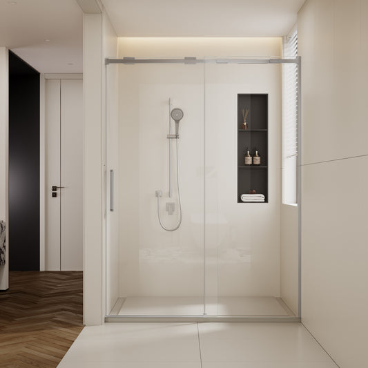 56-60'W x74'H Semi-Frame Single Sliding Shower Door,304 Stainless Steelin Brushed Nickel finish,5/16' (8mm) Thick SGCC Tempered Clear Glass,Type C Wrapped Guide Rail Anti-derailment Pulley