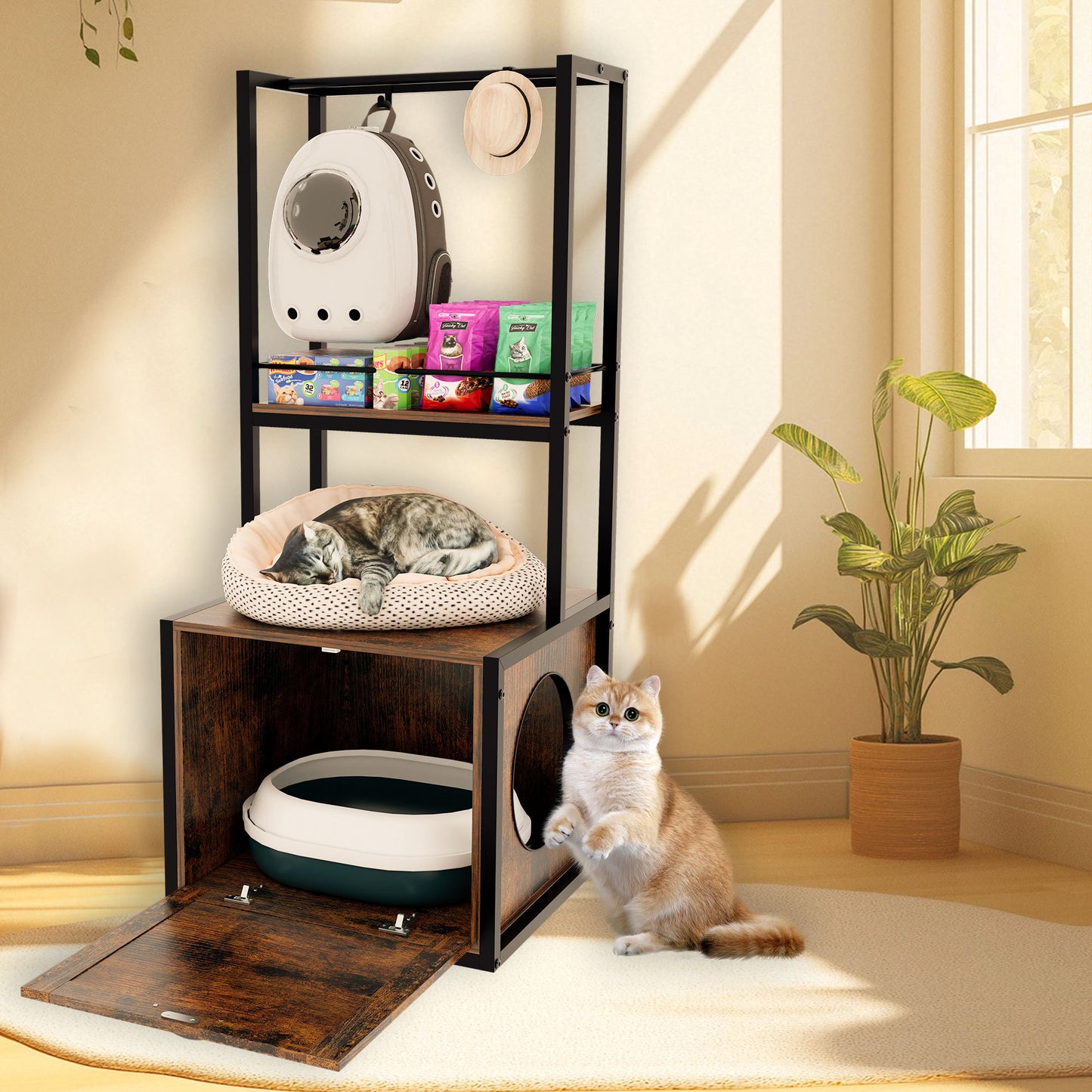 55'Refined Litter Box Enclosure with Storage Shelves and 2 Hanging Clothes Rack, 4-in-1 Hidden Cat Litter Box Enclosure Furniture with Shelf, Reversible Entrance,Rustic Brown