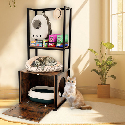 55'Refined Litter Box Enclosure with Storage Shelves and 2 Hanging Clothes Rack, 4-in-1 Hidden Cat Litter Box Enclosure Furniture with Shelf, Reversible Entrance,Rustic Brown