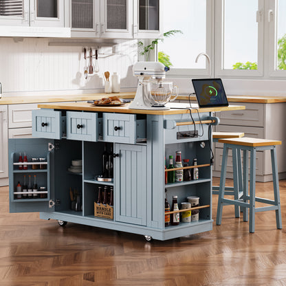 K&K 53inch Large Kitchen Island with 2 Bar Stools, Power Outlet,Door Internal Storage Rack,Kitchen Storage Cart on 5 Wheels with Drop Leaf,5 Open Side Racks,3 Drawers for Kitchen,Dining Room,Grey Blue