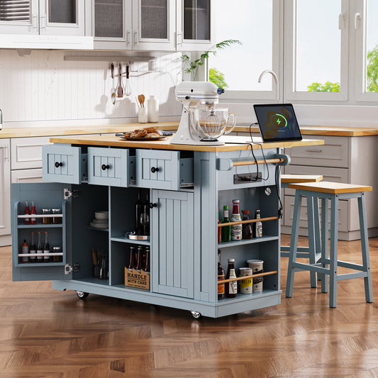 K&K 53inch Large Kitchen Island with 2 Bar Stools, Power Outlet,Door Internal Storage Rack,Kitchen Storage Cart on 5 Wheels with Drop Leaf,5 Open Side Racks,3 Drawers for Kitchen,Dining Room,Grey Blue