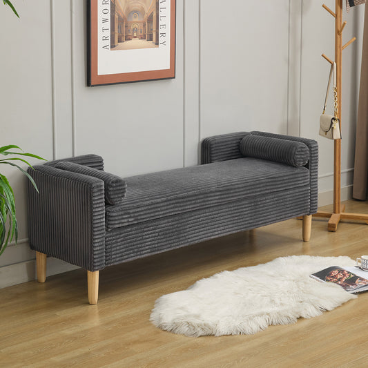65.35'Wide Corduroy Storage Soft Bench with Armrests, Backrest and Two bolster Pillows for Living Room, Entryway and Bedroom. Charcoal