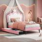 Twin Size Upholstered Princess Bed With Crown Headboard and 2 Drawers,Twin  Size Platform Bed with Headboard and Footboard,White+Pink