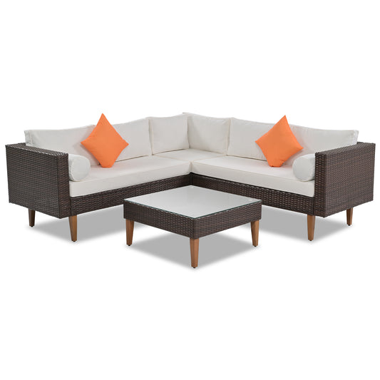 GO 4-pieces Outdoor Wicker Sofa Set with Colorful Pillows, Beige Cushions, Brown Rattan, L-shape