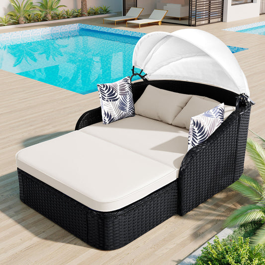 GO 79.9' Outdoor Sunbed with Adjustable Canopy, Double lounge, PE Rattan Daybed, Black Wicker and Beige Cushion