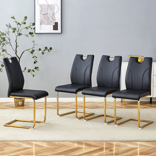 Black PU Dining Chair Set.Uniquely designed black dining chairs. PU material, paired with gold metal chair legs. Suitable for offices, restaurants, kitchens, conference rooms, etc.(Set of 4)